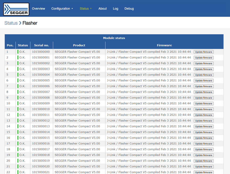 SEGGER's Flasher Hub Module Status